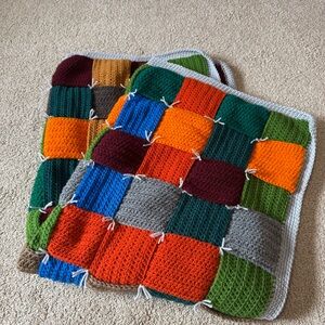 Handmade Crochet Basket Weave Throw‎ Blanket Quilt Warm Color Colorful 42x52